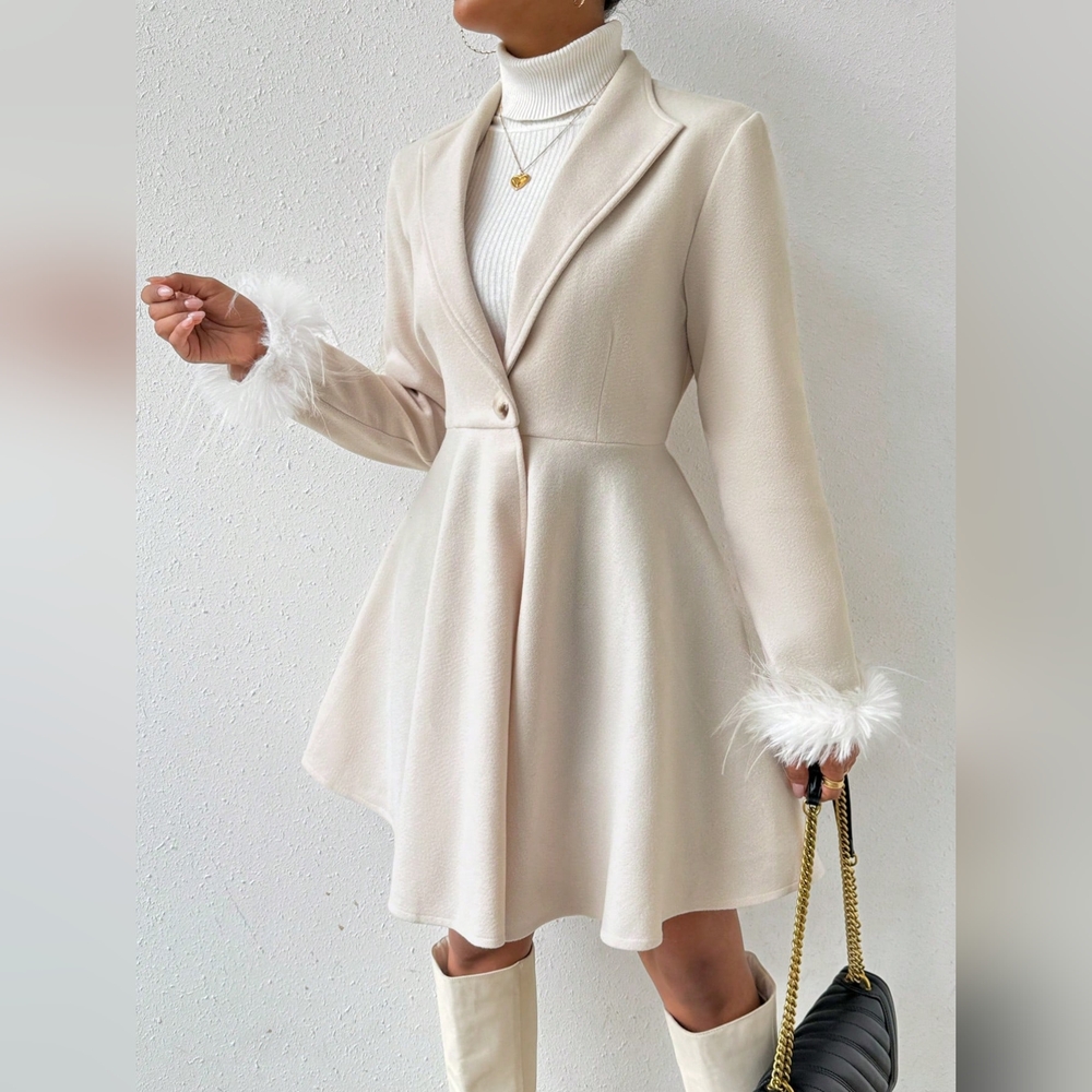 Solid Color Coat With Fringed Cuff And Single Button Closure - Picture 6 of 6